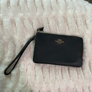 Coach Pebbled Black Double Wristlet with Gold Logo and Hardware